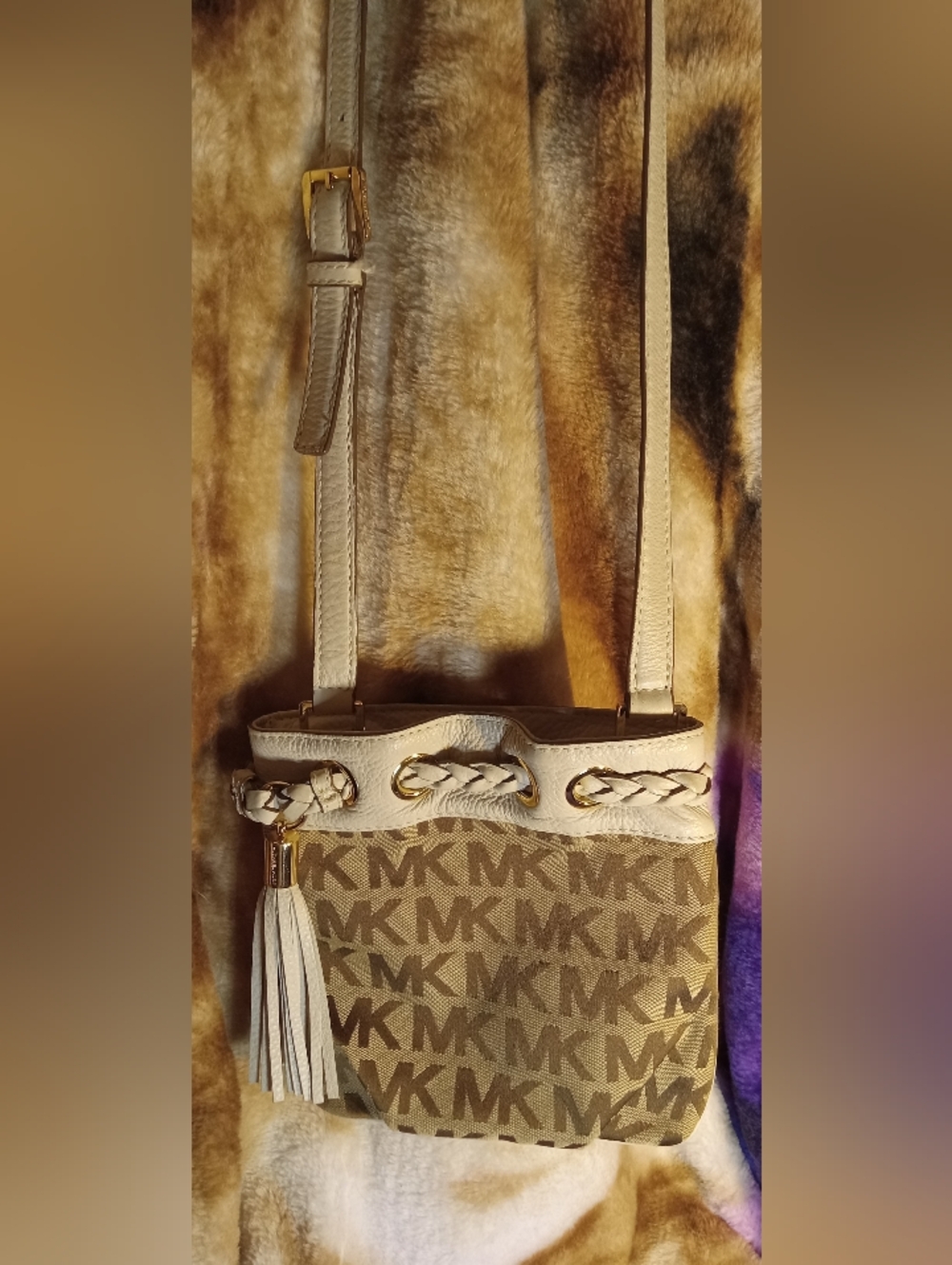 Michael Kors Taupe and Beige MK Monogram Crossbody with Tassel EUC